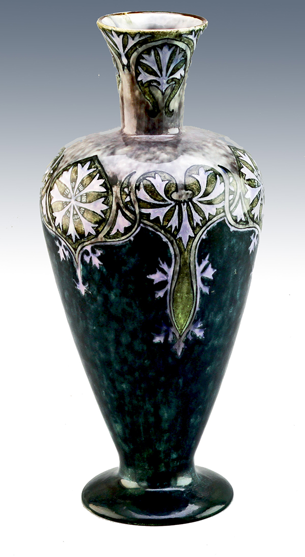 Nr.: 103, Already sold : decorative pottery made by Holland Utrecht, Description: Plateel Vase, Height 23,6 cm width 10,7 cm, period: Year 1893-1920, Decorator : AD, 
